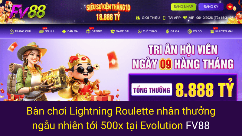 Bàn chơi Lightning Roulette nhân thưởng ngẫu nhiên tới 500x tại Evolution FV88 