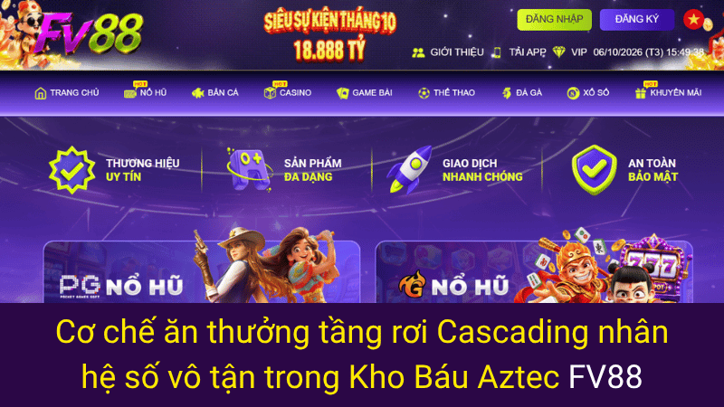 Cơ chế ăn thưởng tầng rơi Cascading nhân hệ số vô tận trong Kho Báu Aztec FV88